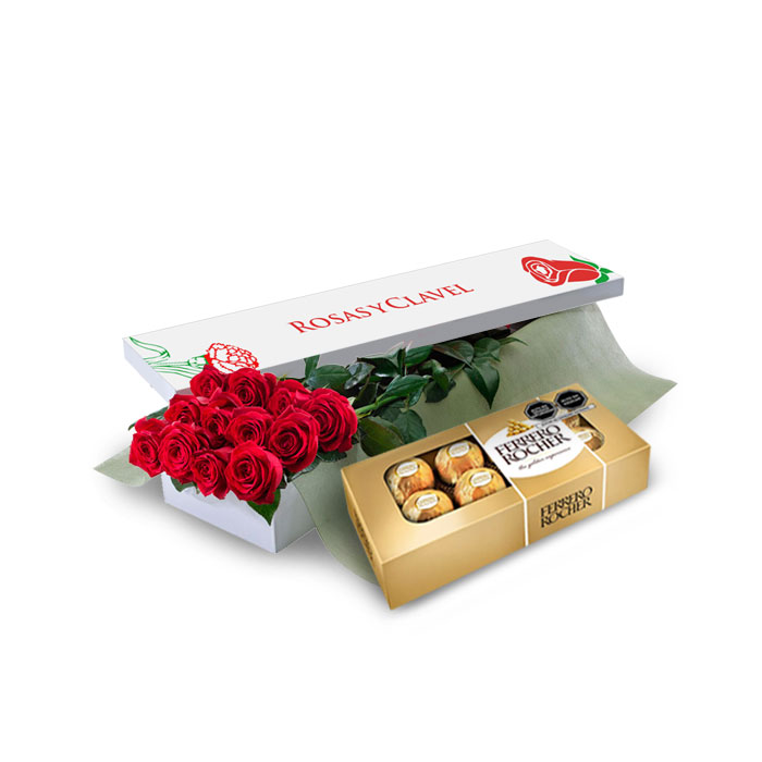 Caja 12 rosas rojas más bombones ferrero rocher. Envíos en Lima, Perú