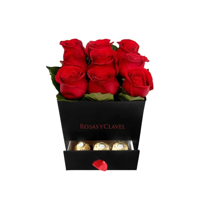 Caja de rosas rojas con cajoncito y bombones ferrero rocher. Envío de rosas en Lima