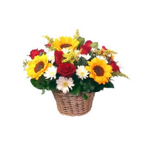 Canasta con rosas y girasoles