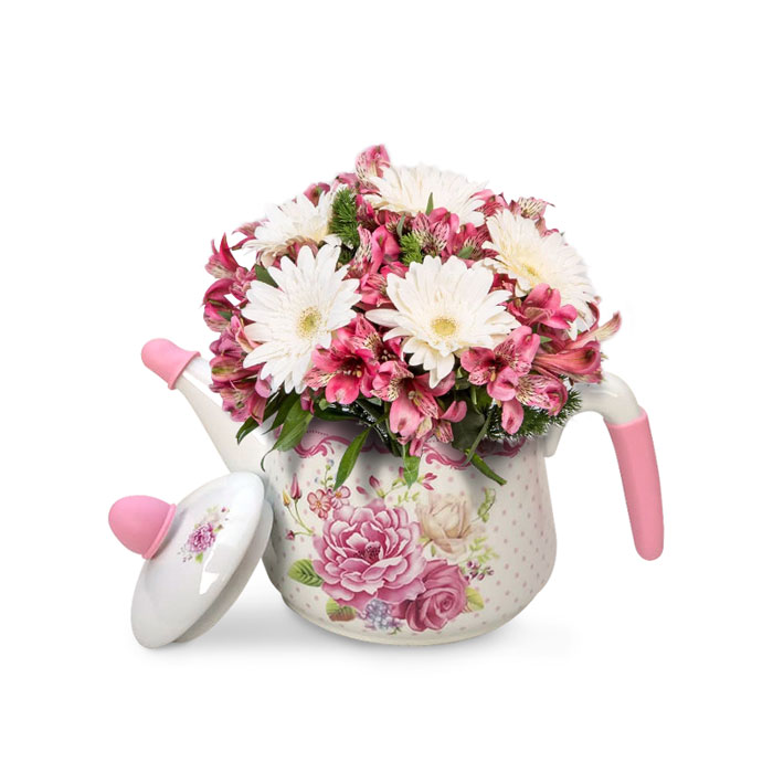 Jarra de porcelana con Gerberas Blancas y Astromelias Rosas