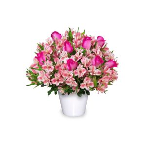 Rosas fucsias, astromelia en macetero blanco. Arreglos Florales Delivery en Lima Perú