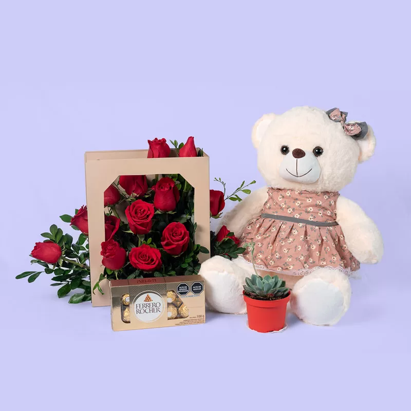 osita con tarjetón de rosas rojas. flores a domicilio Lima