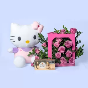 Peluche kitty con rosas. Envío arreglos florales La Molina