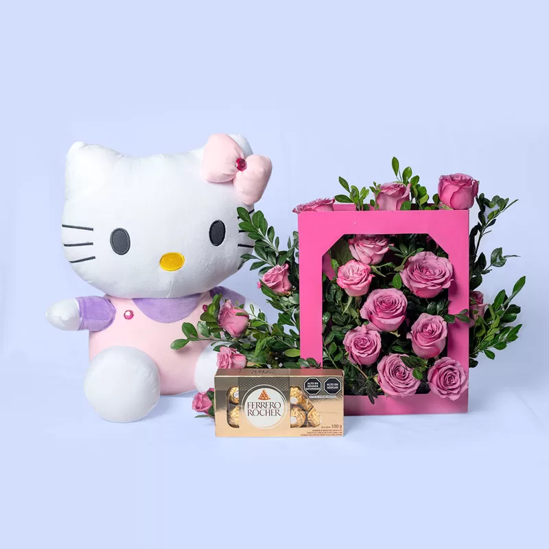 Peluche kitty con rosas. Envío arreglos florales La Molina