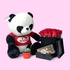 Oso Panda con rosas, box y suculentas para el amor y la amistad