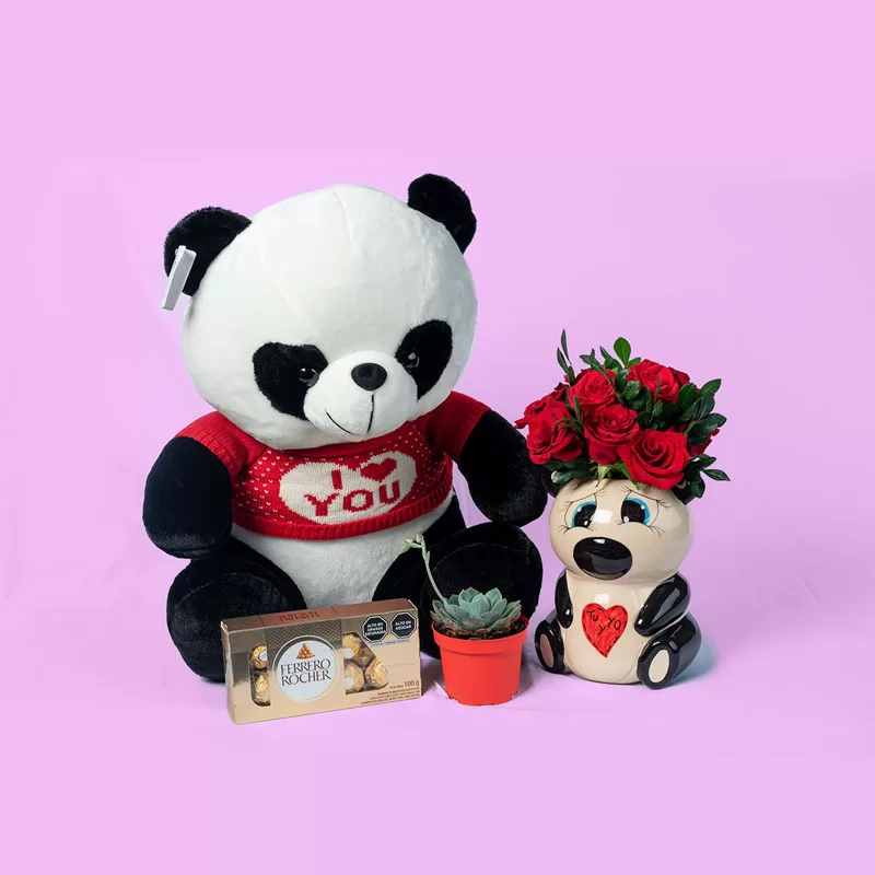 Oso Panda con rosas en macetero panda. Entregas a domicilio