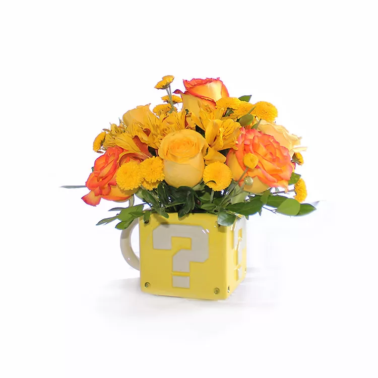 Arreglo floral Taza amarilla con signo de interrogación, florería Lima